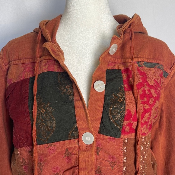Earthbound Patchwork Embroidered Hooded Jacket Size M Rust Cropped Boho Hippie - Picture 2 of 9
